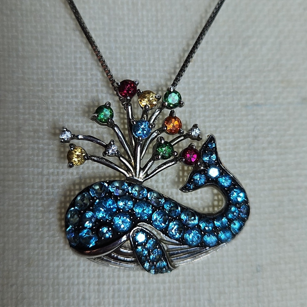 Sterling Silver Whale Pendant Genuine Topaz Stones w/20.5" Box Chain - Picture 4 of 11